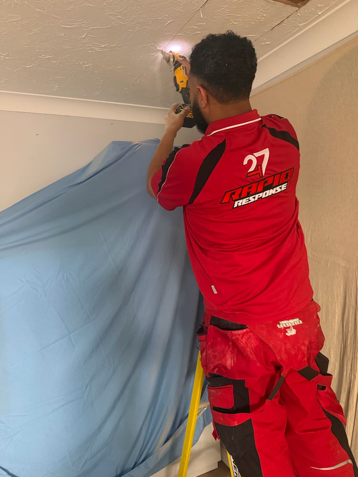 247 Rapid Response engineer on a ladder, drop sheet in place, repairing a ceiling after an upstairs water leak